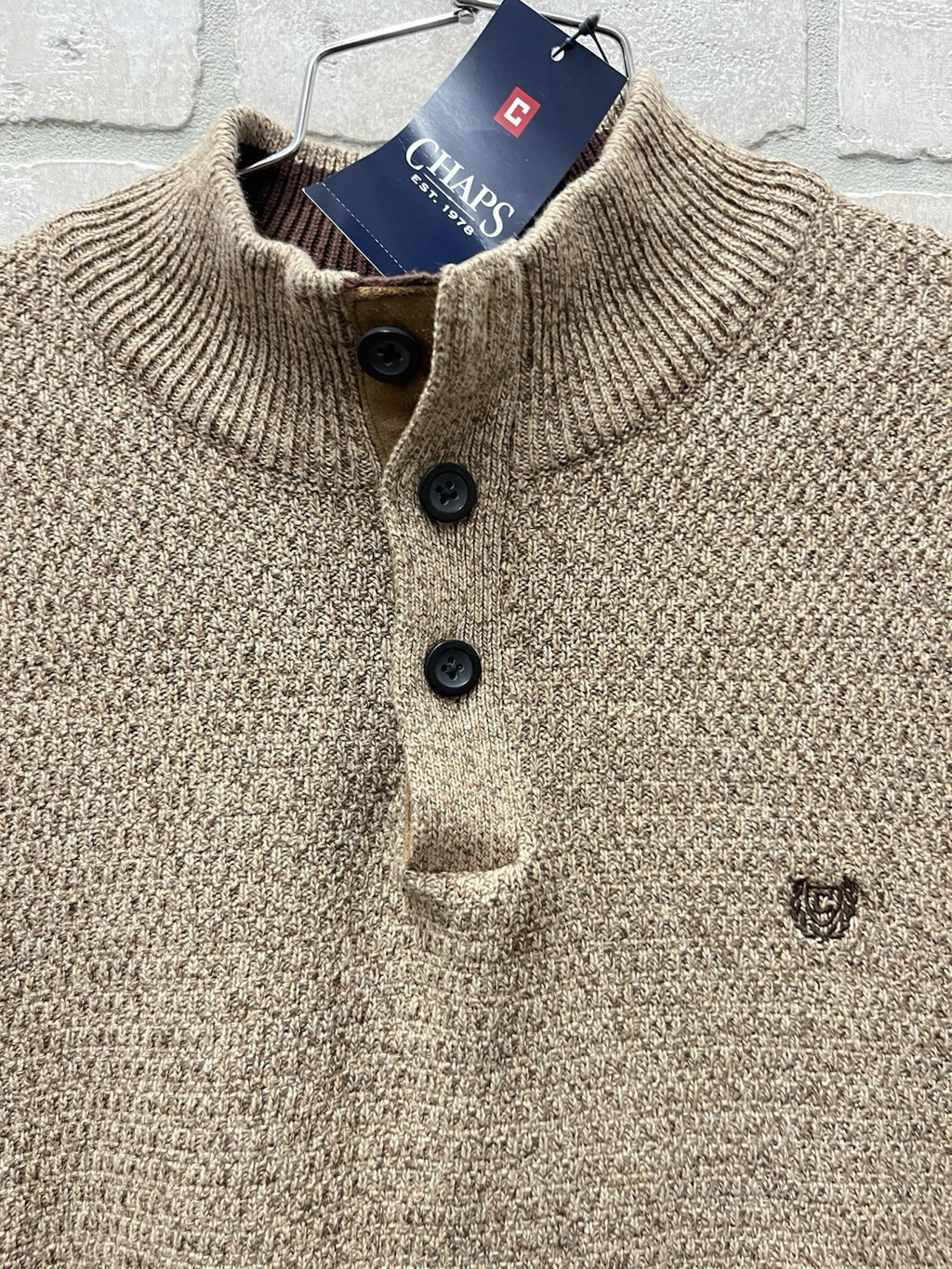 Chaps Sweater Men's XL Henley Mock Neck Cotton Elbow Patches Slim Heather Brown
