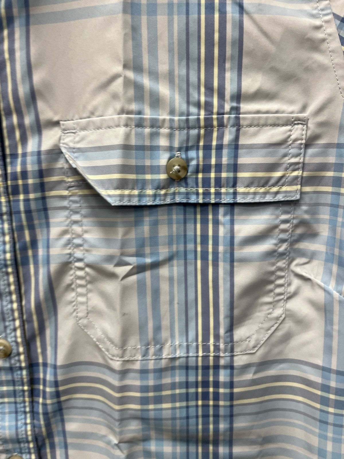 Eddie Bowers woman’s short sleeve Shirt light button down plaid Sz L 12/14 NWT