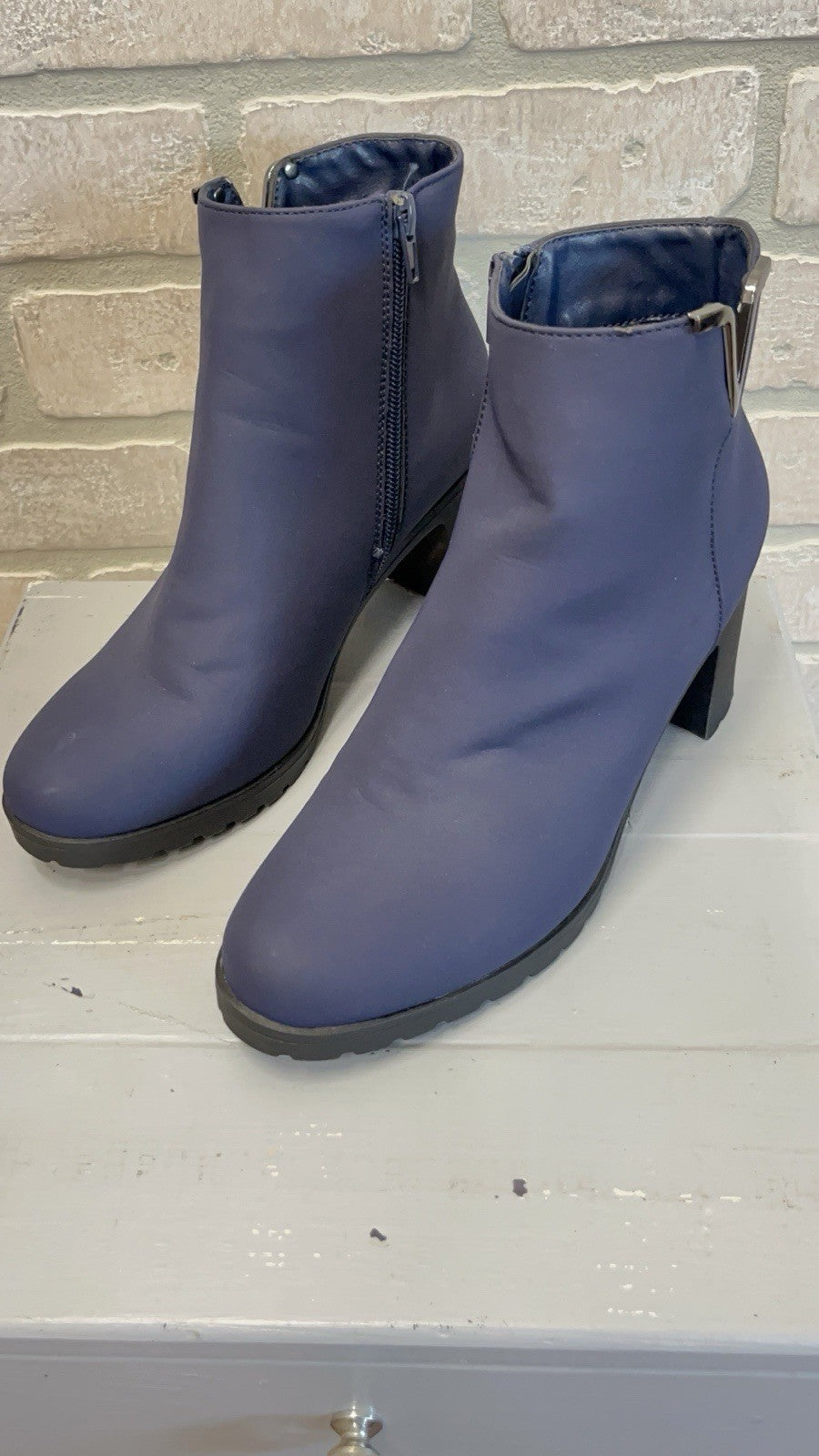 London Flag 3” Block Heel Booties – Blue Zip Up Size 7 Women’s Boots
