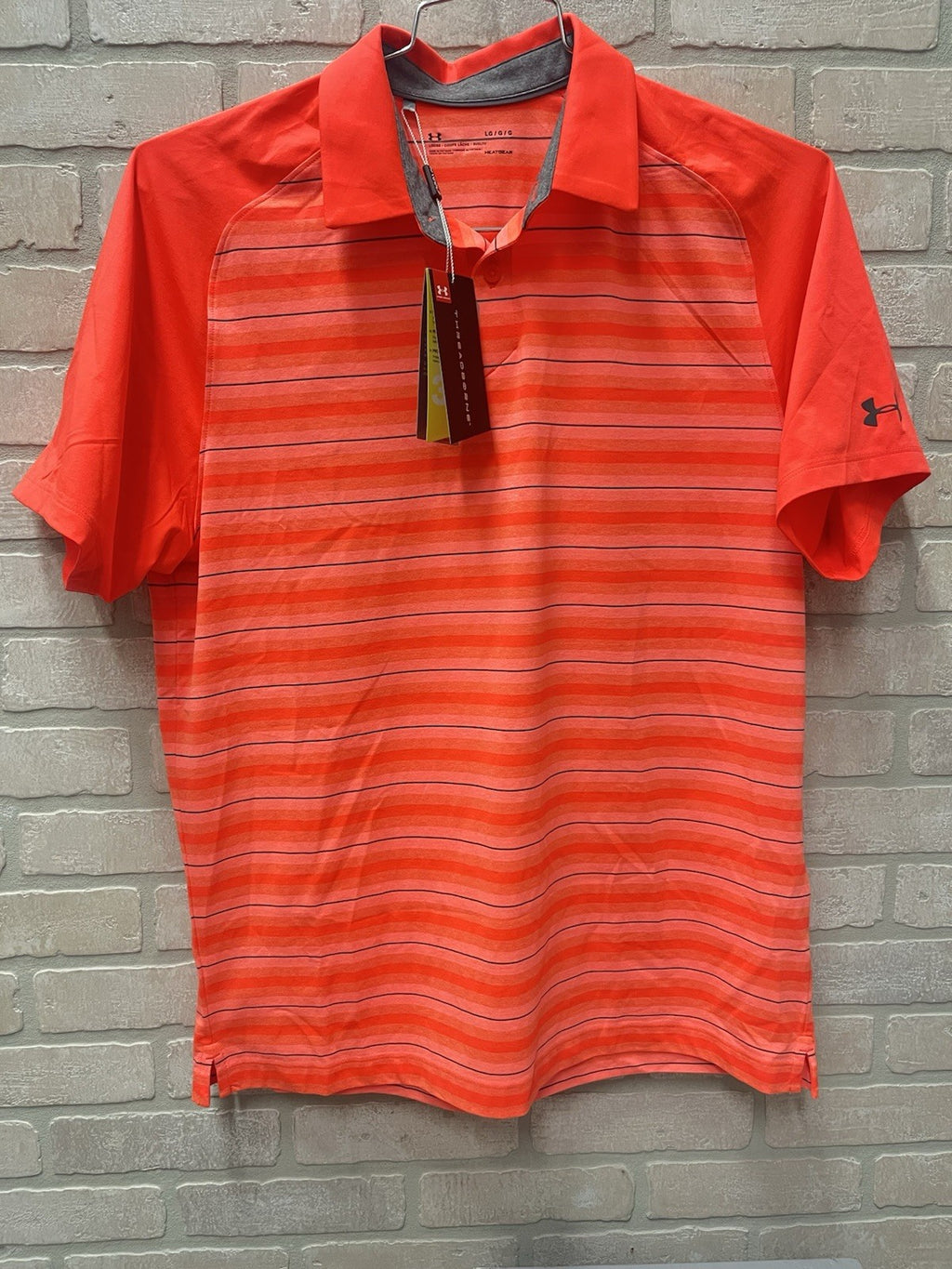 Under Armour men’s polo golf shirt Sz L heated gear orange stripe sportswear NWT