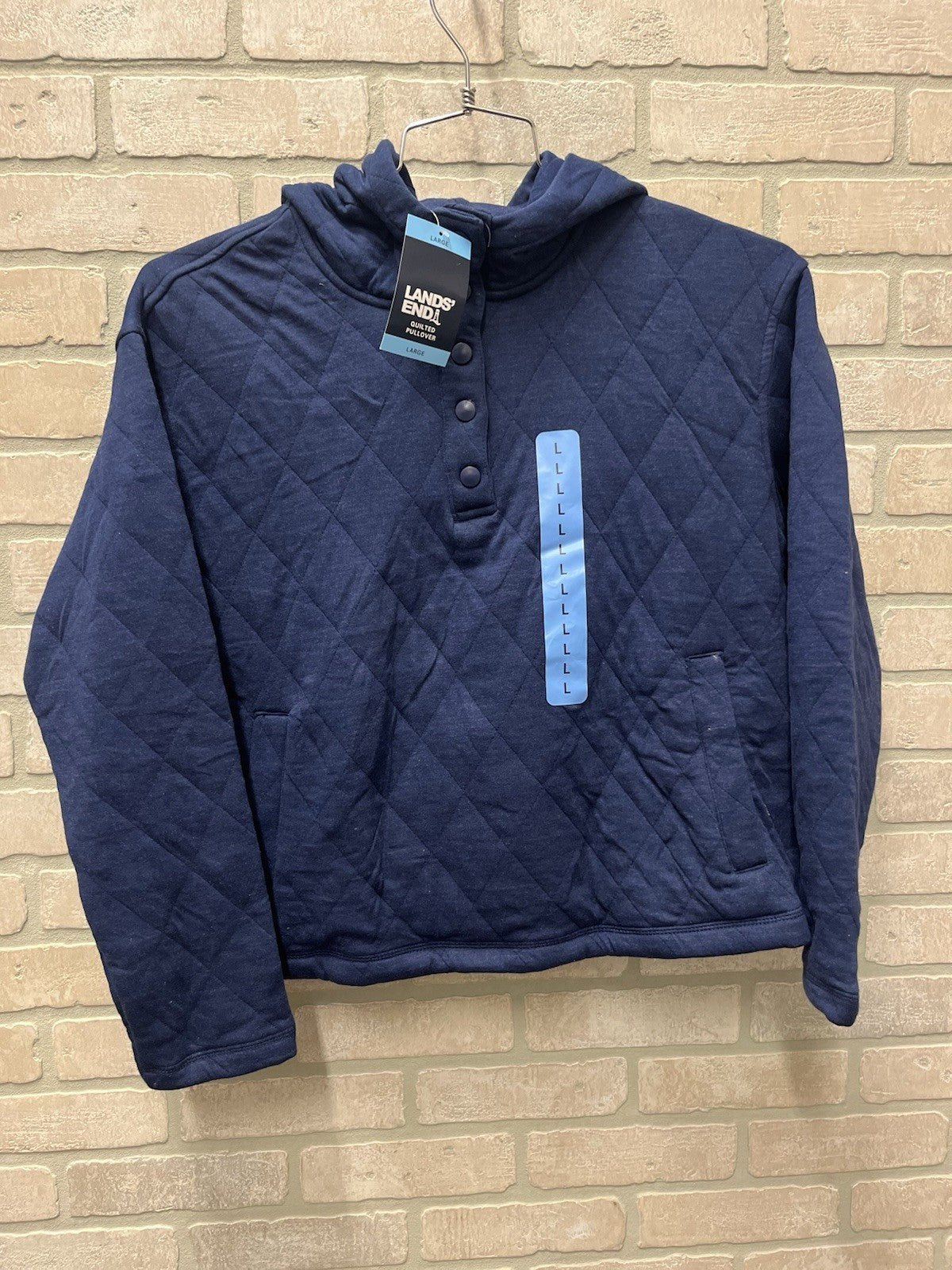 Lands End Womens  Quilted Hooded Pullover Jacket 3/4 Button Sz L Navy Blue NWT
