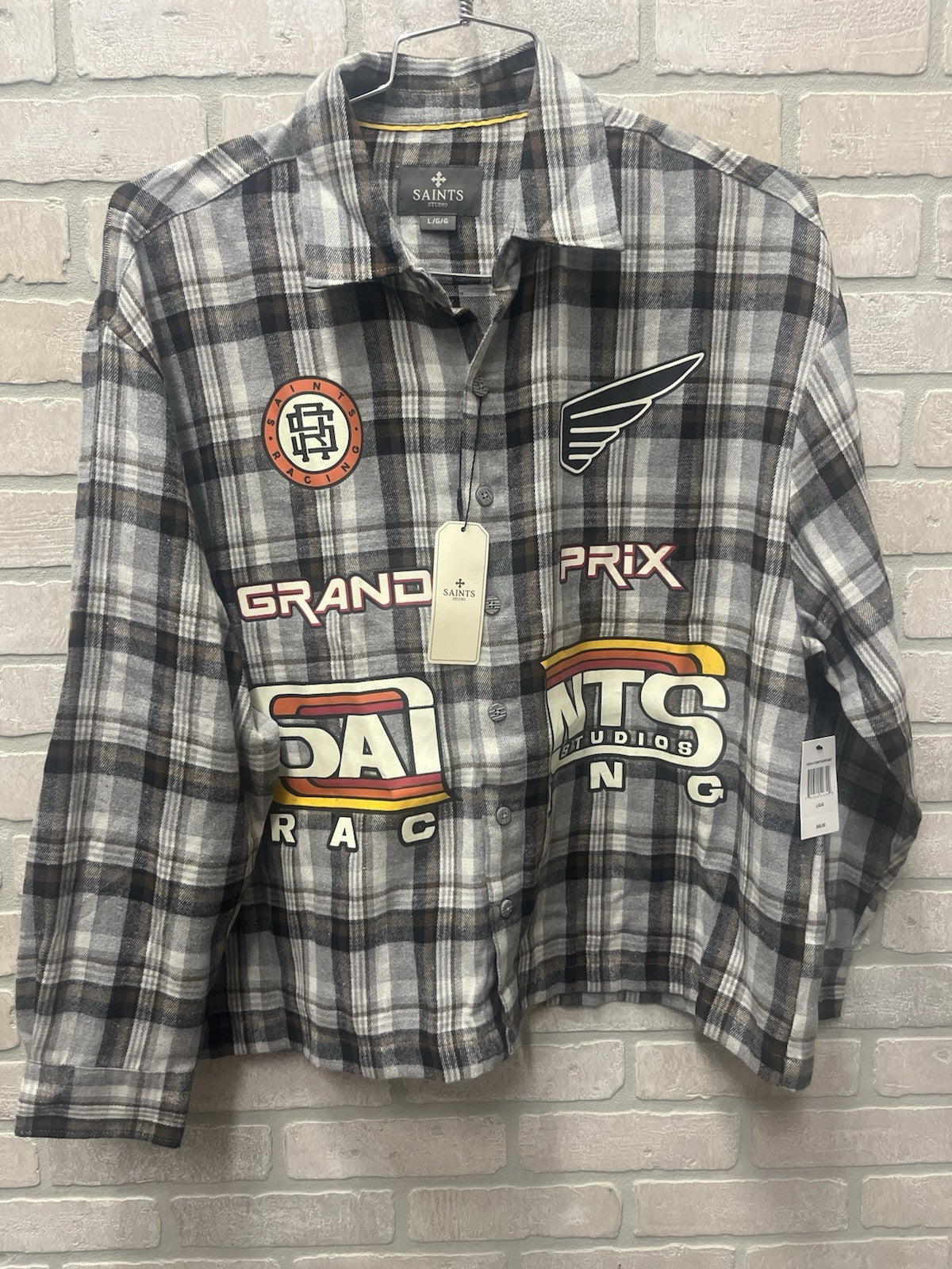 Saints Studios Flannel Shirt Men's Sz Large Grand Prix Racing Speedway Champs
