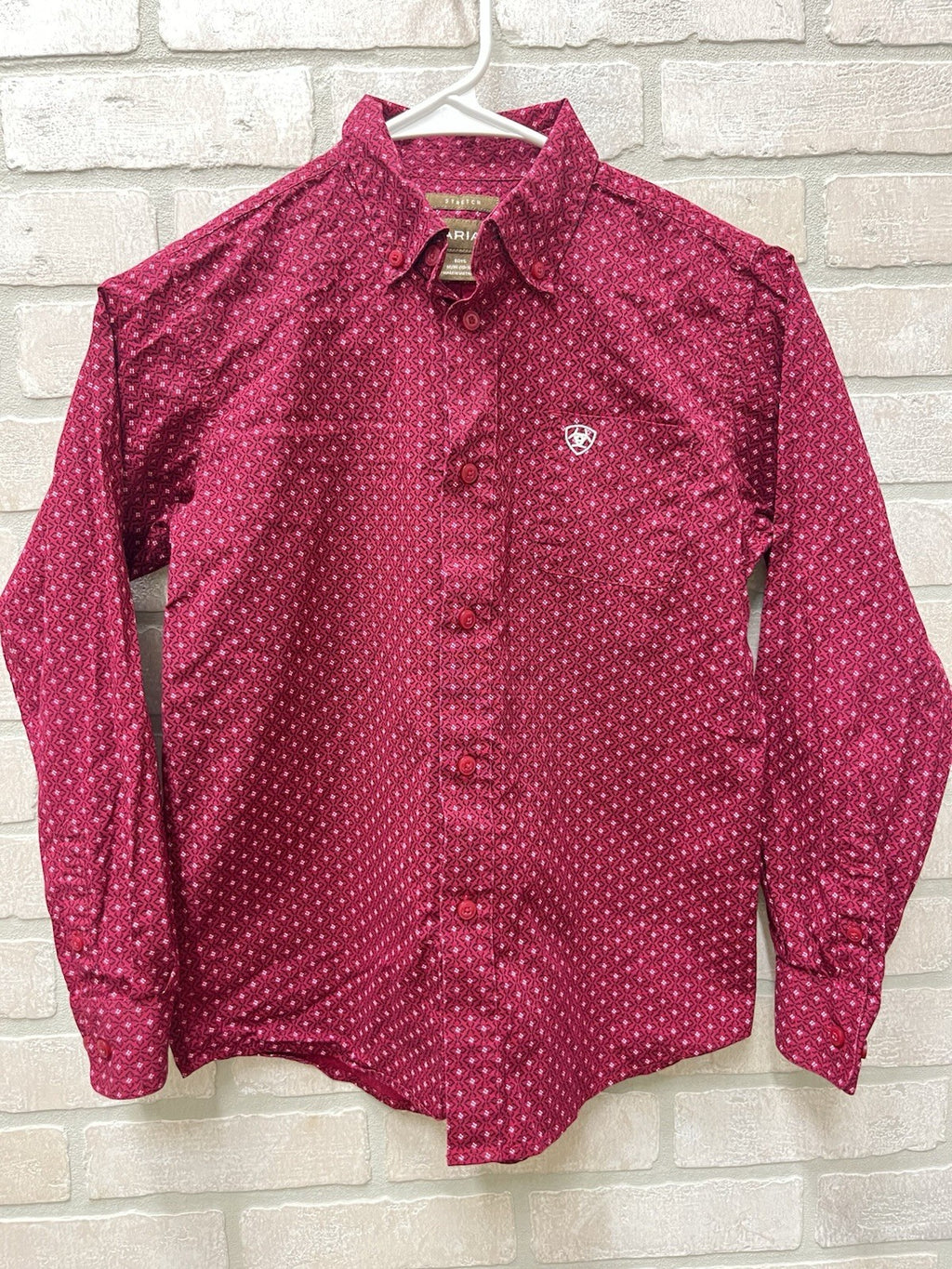 Ariat Boys Button down long sleeve shirt Sz M 10-12 Red casual shirt stretch