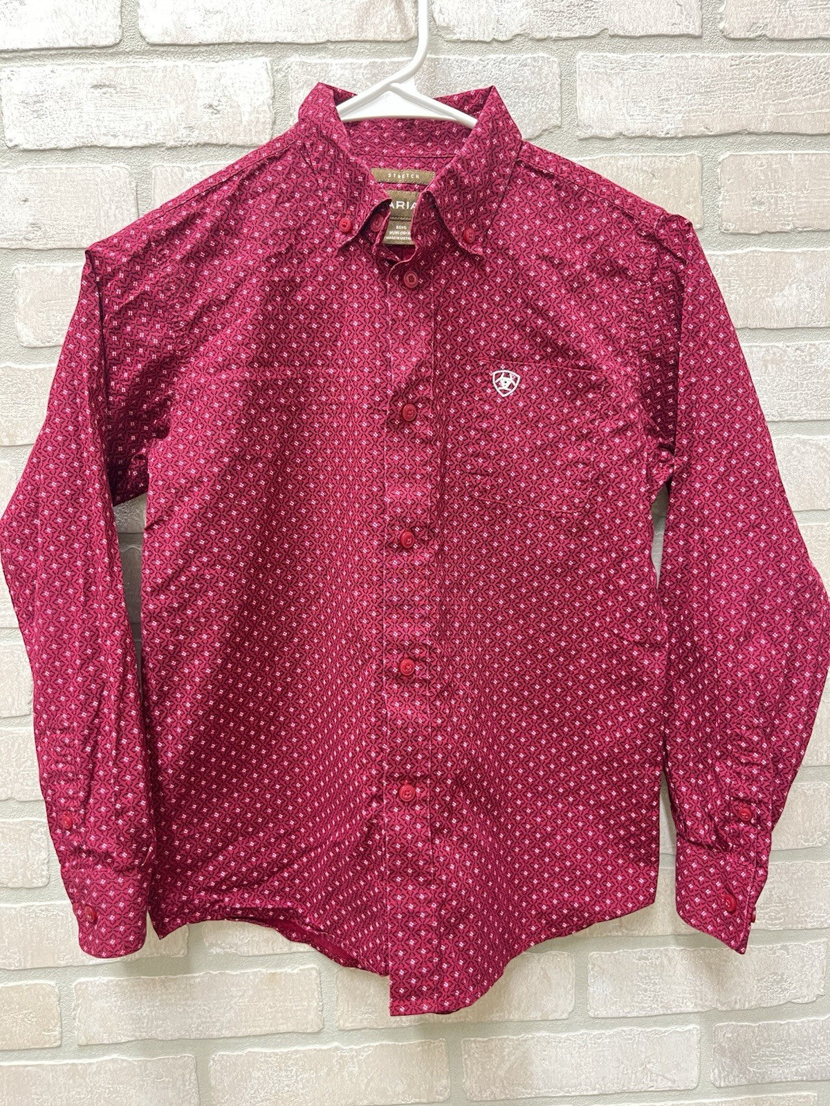 Ariat Boys Button down long sleeve shirt Sz M 10-12 Red casual shirt stretch