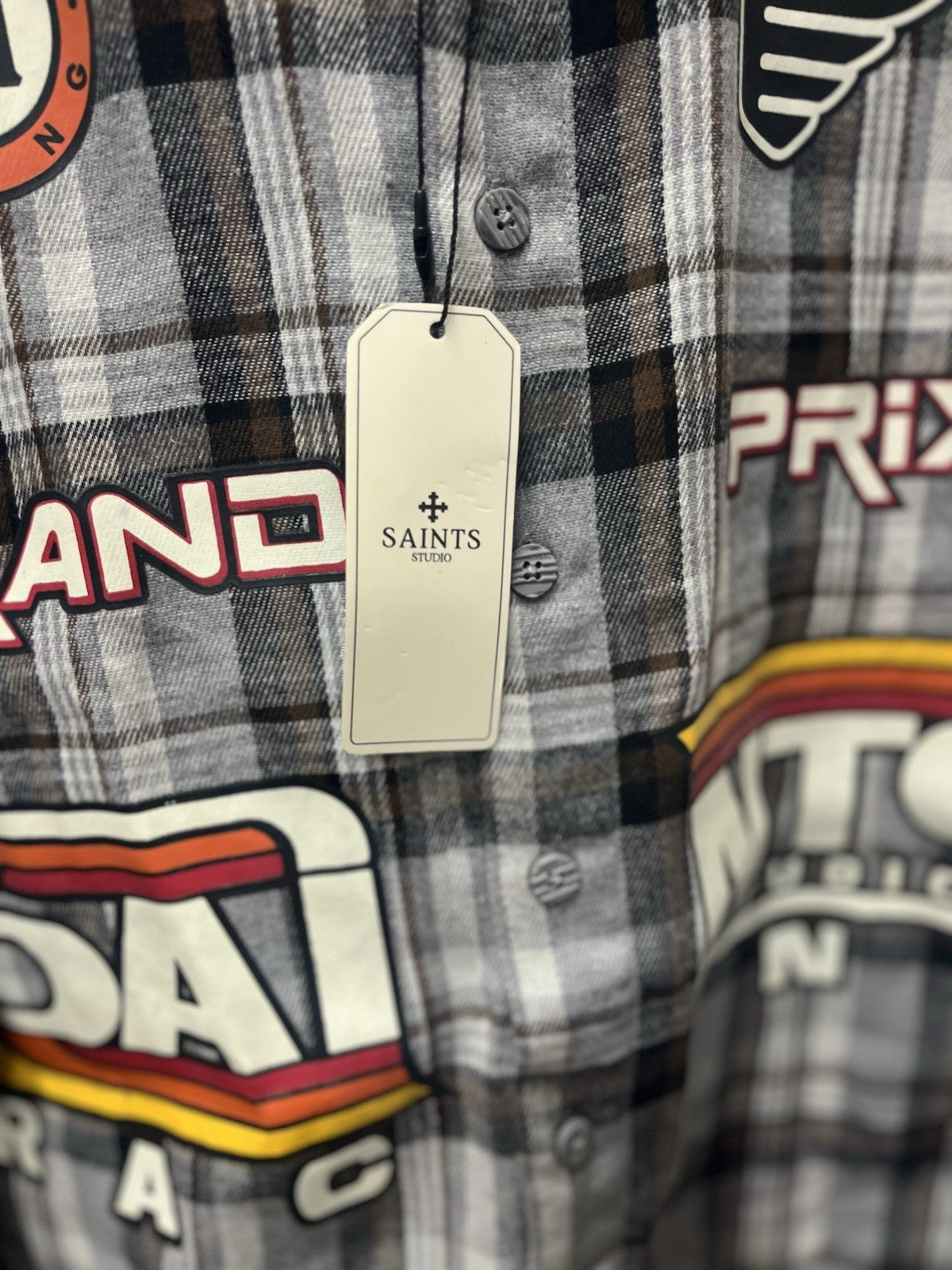 Saints Studios Flannel Shirt Men's Sz Large Grand Prix Racing Speedway Champs