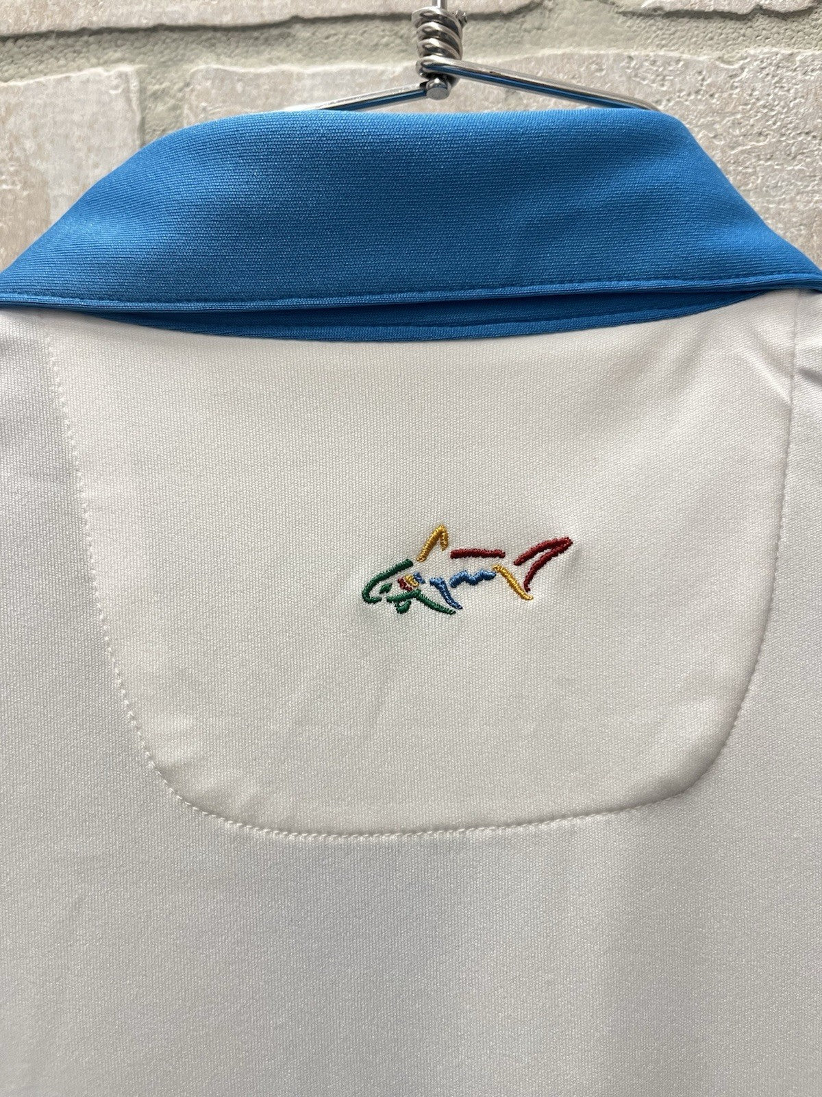 Greg Norman ML75 Performance Golf Polo Shirt Men's Large L Blue Shark Logo