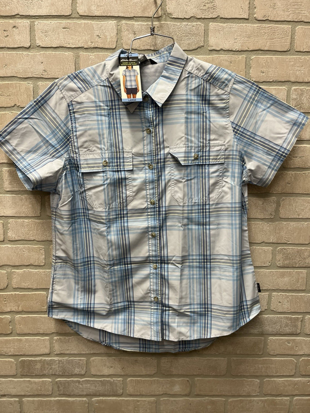 Eddie Bowers woman’s short sleeve Shirt light button down plaid Sz L 12/14 NWT
