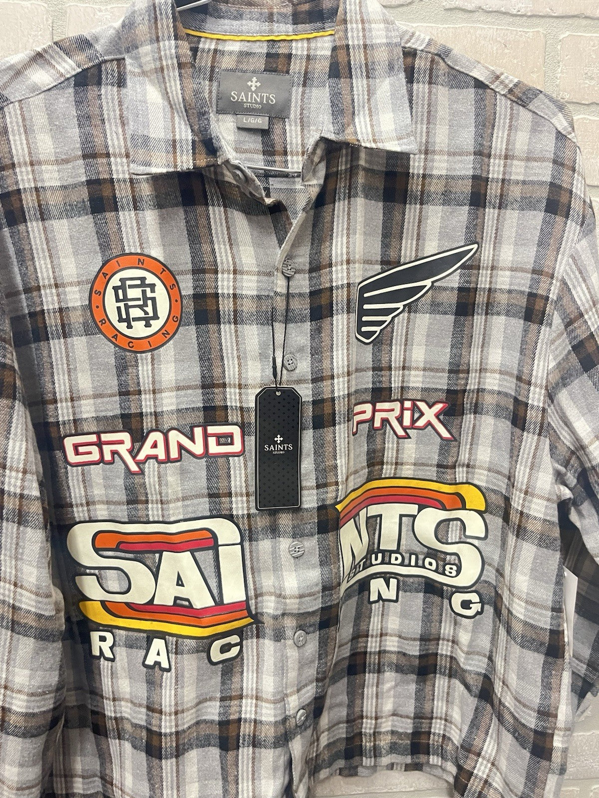 Saints Studios Flannel Shirt Men's Sz Large Grand Prix Racing Speedway Champs