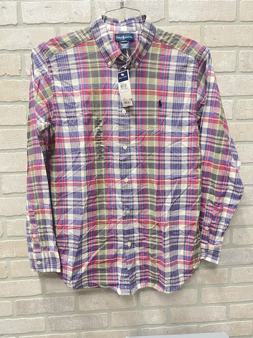 Ralph Lauren boys button down long sleeve plaid shirt Sz X L 18/20 NWT