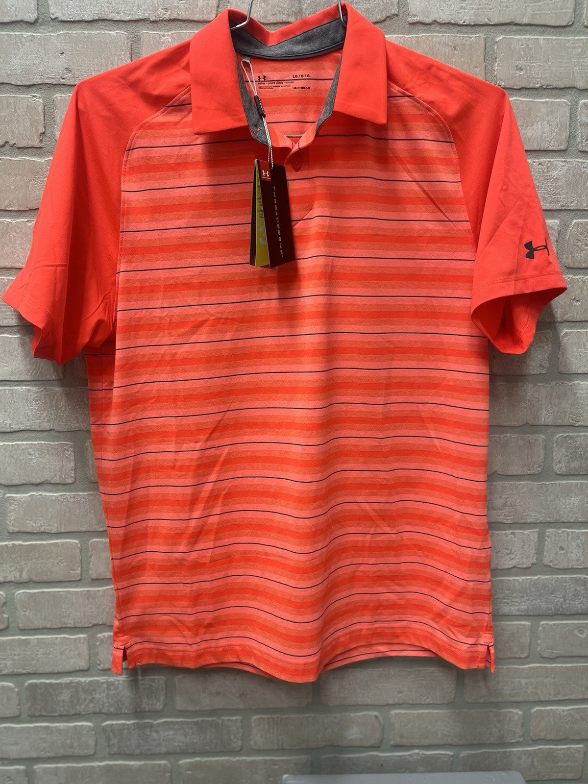 Under Armour men’s polo golf shirt Sz L heated gear orange stripe sportswear NWT