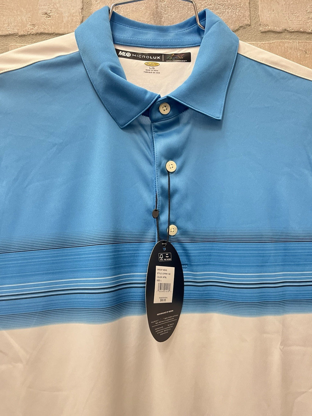 Greg Norman ML75 Performance Golf Polo Shirt Men's Large L Blue Shark Logo
