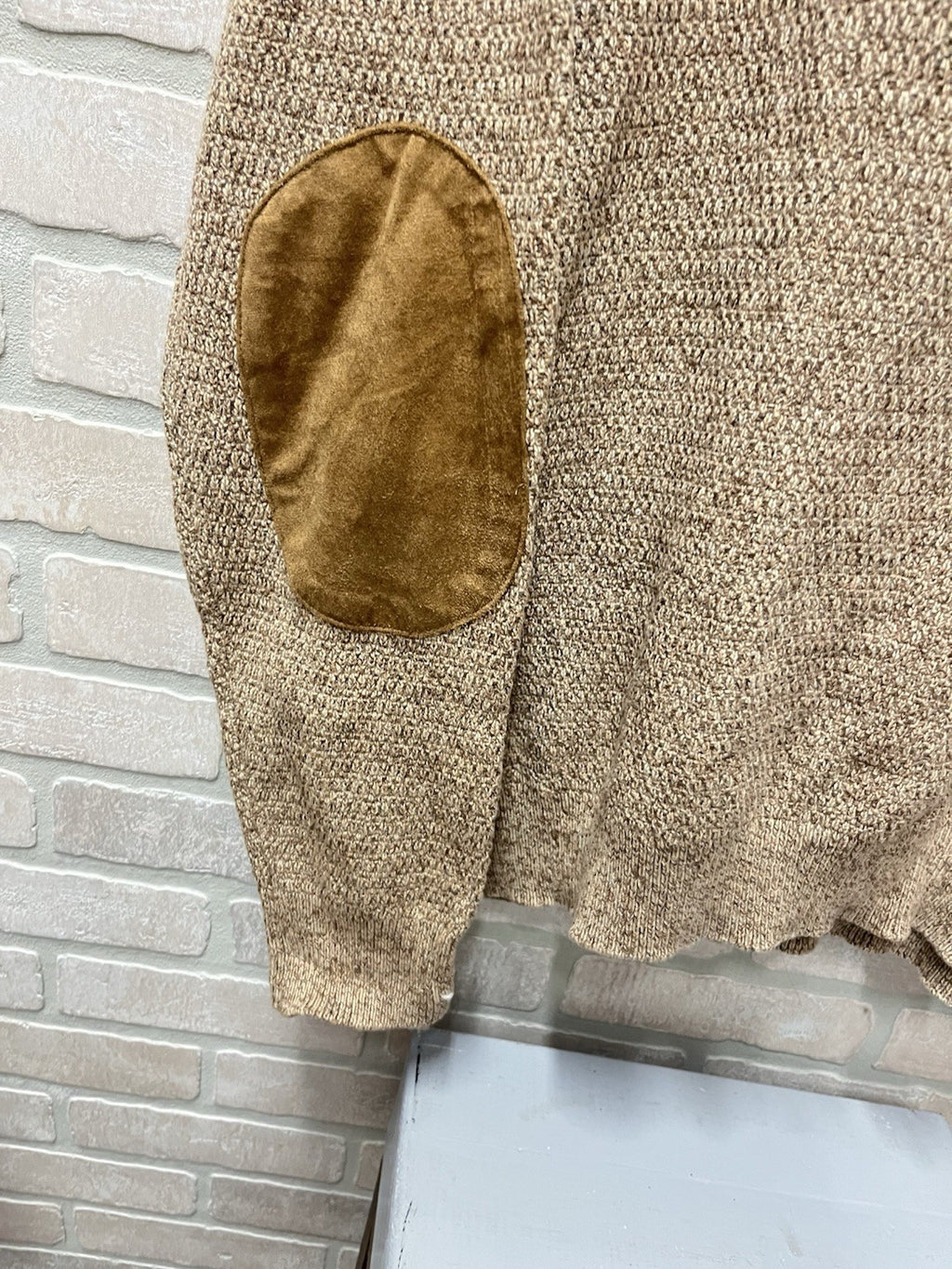 Chaps Sweater Men's XL Henley Mock Neck Cotton Elbow Patches Slim Heather Brown