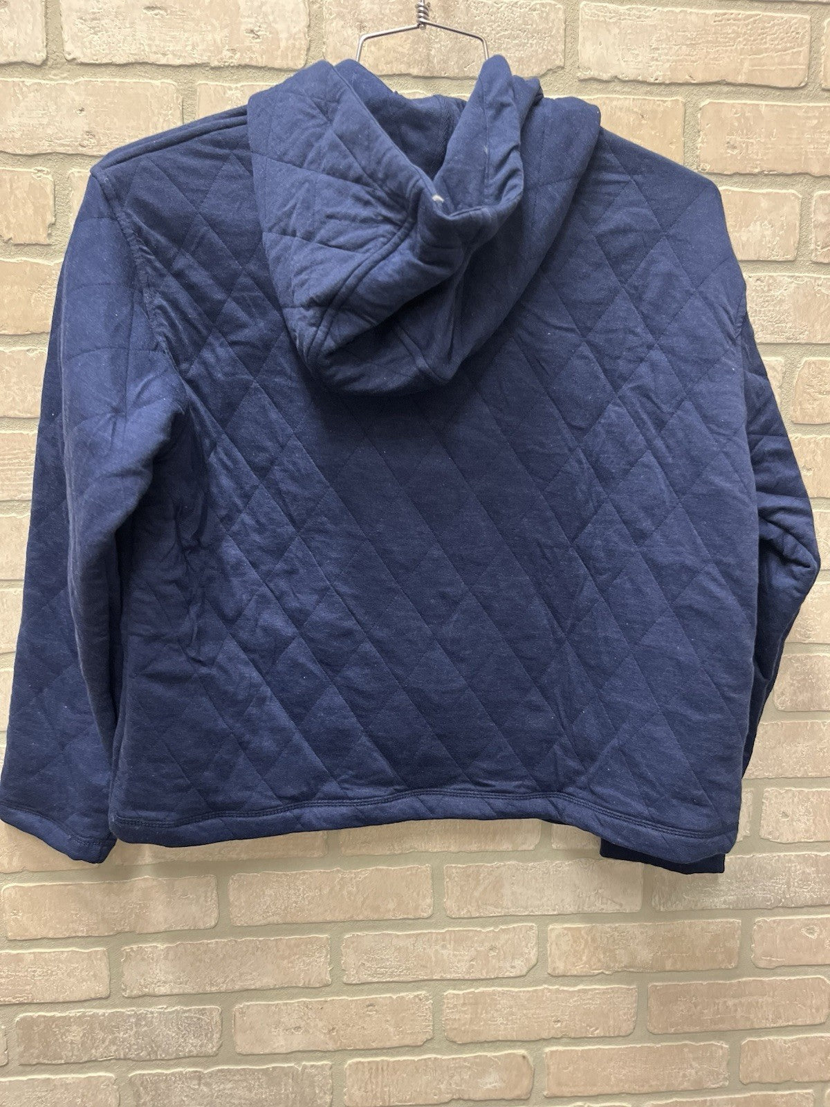 Lands End Womens  Quilted Hooded Pullover Jacket 3/4 Button Sz L Navy Blue NWT