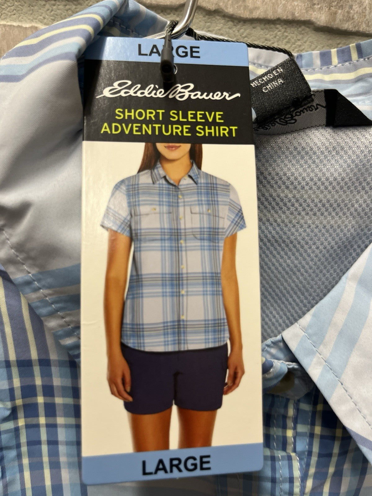 Eddie Bowers woman’s short sleeve Shirt light button down plaid Sz L 12/14 NWT
