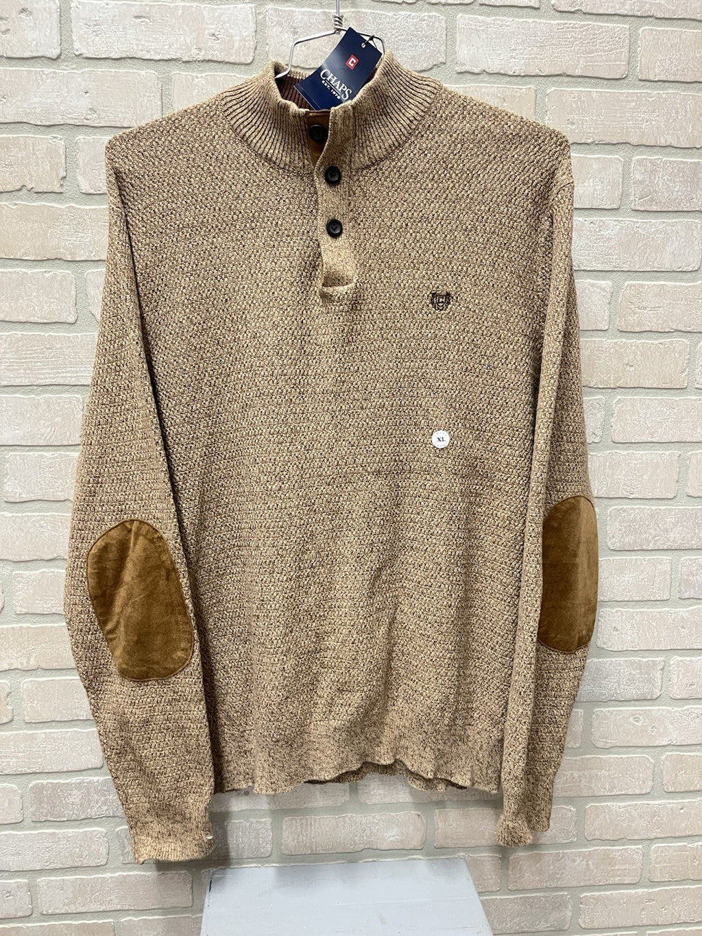Chaps Sweater Men's XL Henley Mock Neck Cotton Elbow Patches Slim Heather Brown