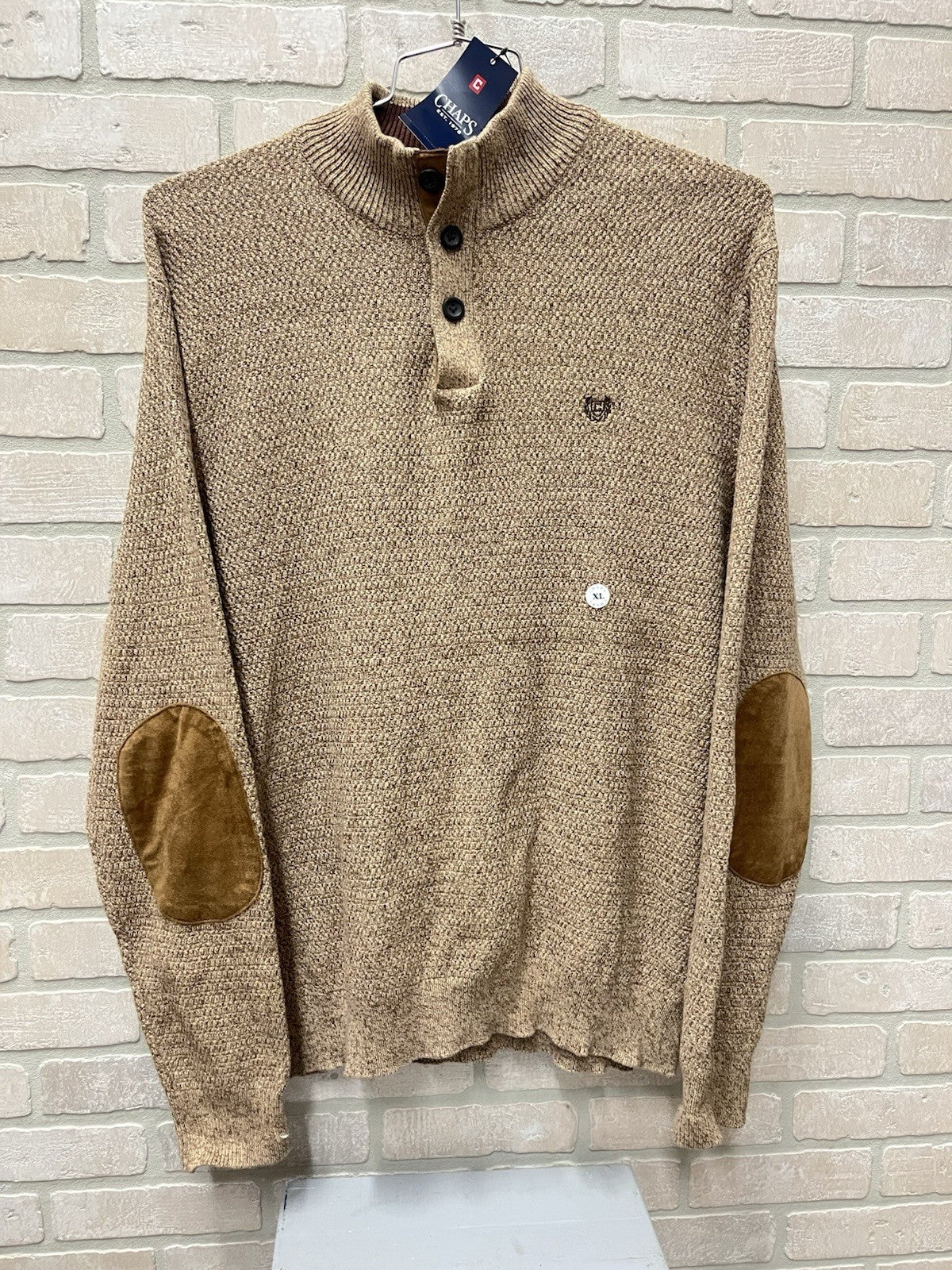 Chaps Sweater Men's XL Henley Mock Neck Cotton Elbow Patches Slim Heather Brown