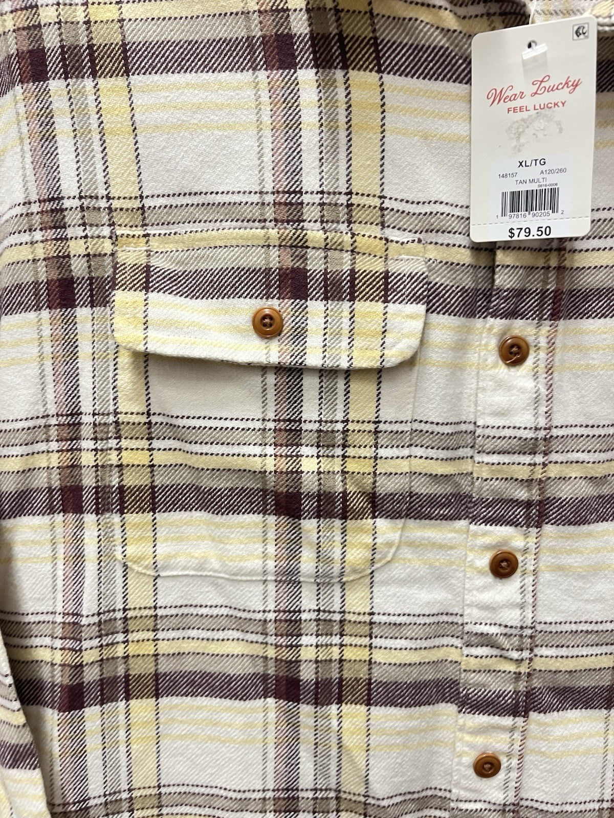 Lucky brand button-down long sleeve Flanner shirt Men’s Sz XL tan multicolor NWT