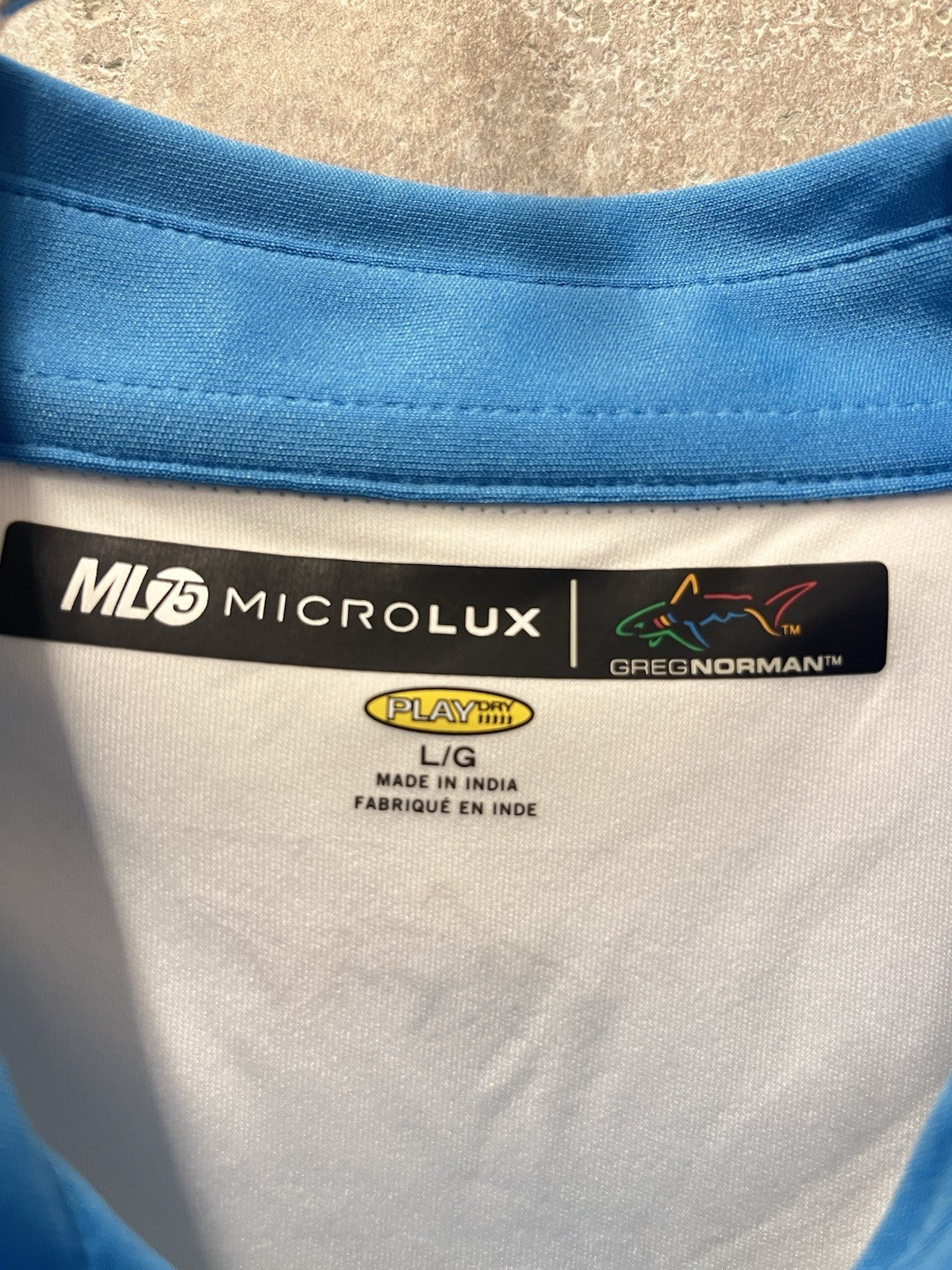 Greg Norman ML75 Performance Golf Polo Shirt Men's Large L Blue Shark Logo