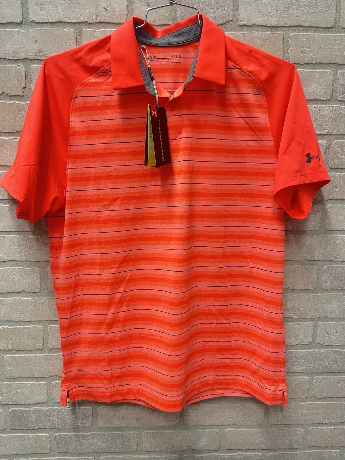 Under Armour men’s polo golf shirt Sz L heated gear orange stripe sportswear NWT