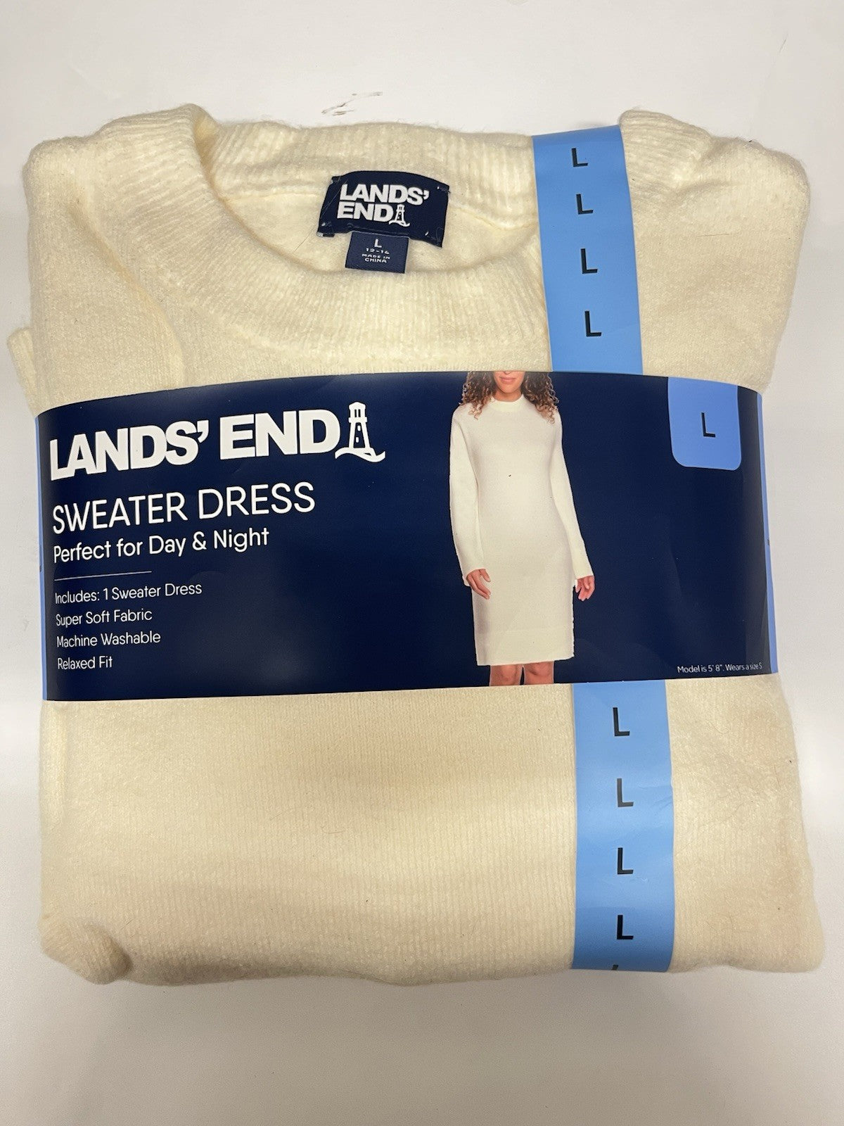 Lands' End Women’s Crewneck Sweater Dress Sz L 12/14 cream white Relax Fit NWT