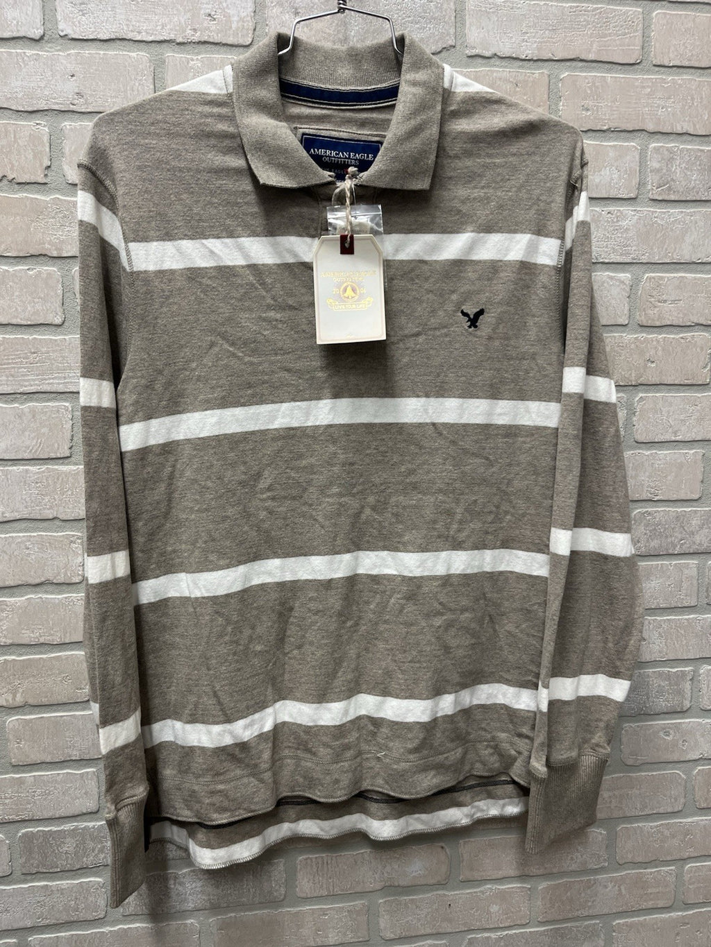 American Eagle men’s long sleeve pullover rugby style Sz L brown stripe NWT