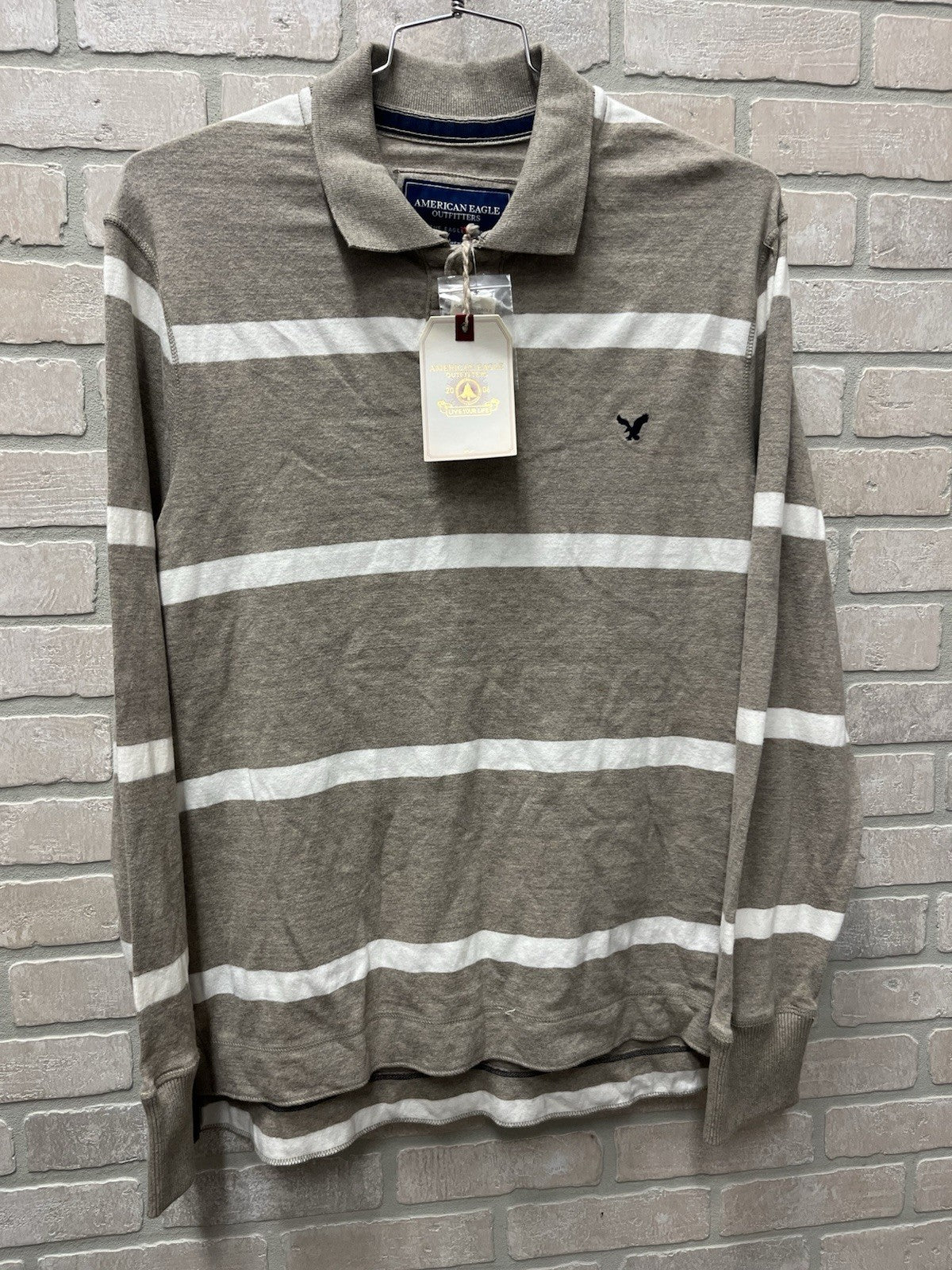 American Eagle men’s long sleeve pullover rugby style Sz L brown stripe NWT