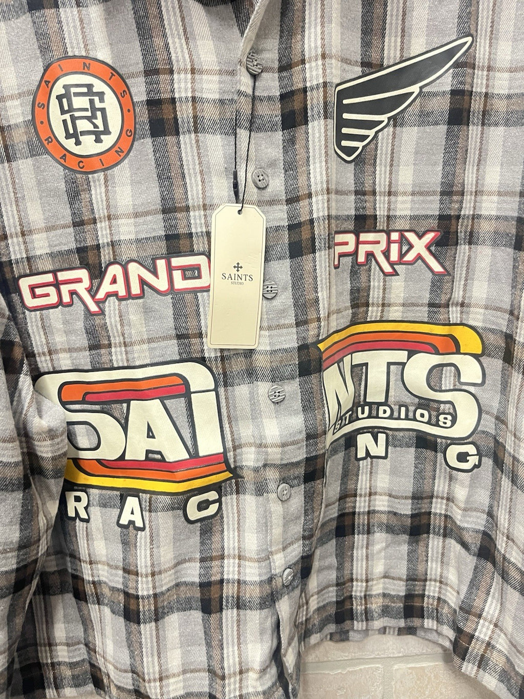 Saints Studios Flannel Shirt Men's Sz Large Grand Prix Racing Speedway Champs