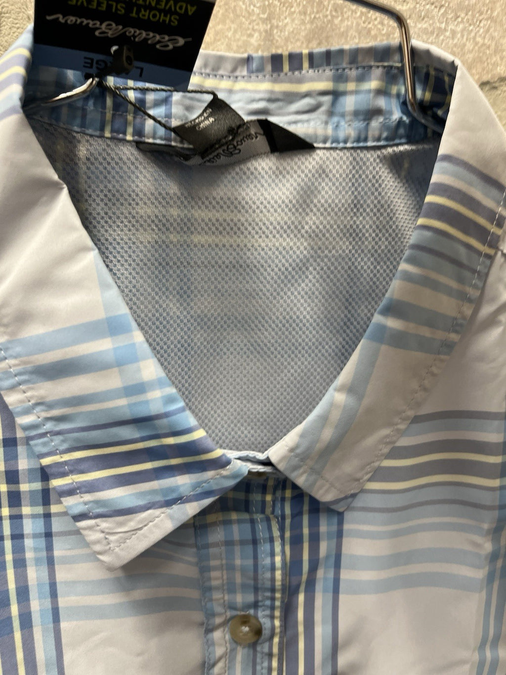 Eddie Bowers woman’s short sleeve Shirt light button down plaid Sz L 12/14 NWT