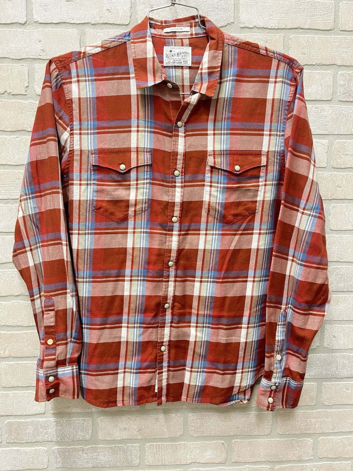 Lucky Brand Men’s Size M Plaid  Pearl Snap Long Sleeve Shirt western wear sports