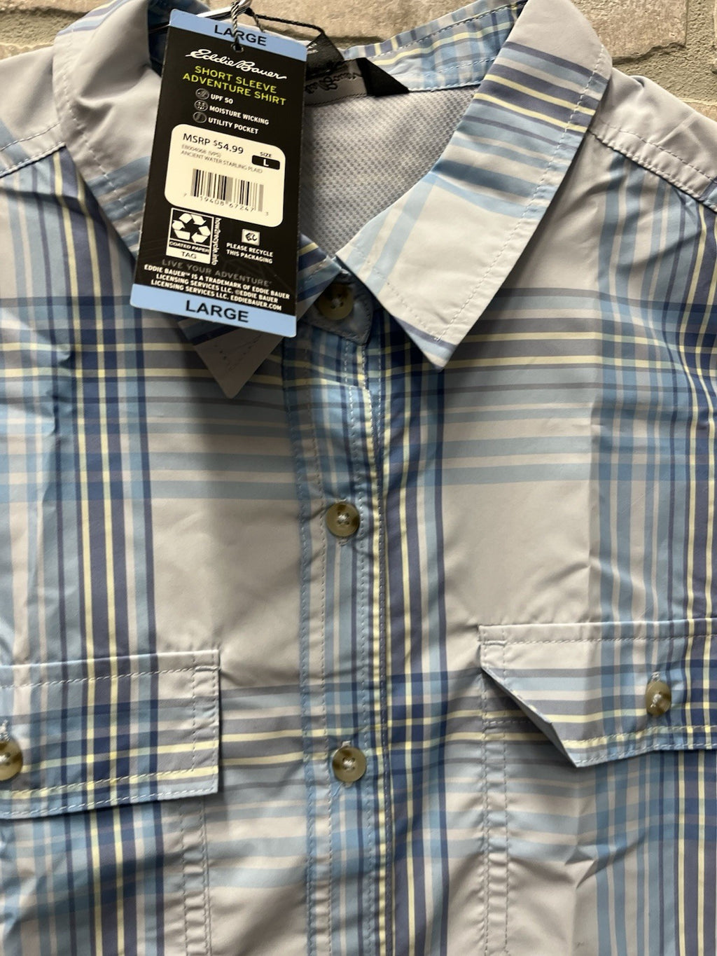 Eddie Bowers woman’s short sleeve Shirt light button down plaid Sz L 12/14 NWT