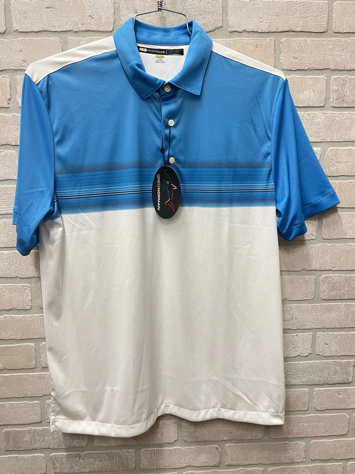 Greg Norman ML75 Performance Golf Polo Shirt Men's Large L Blue Shark Logo