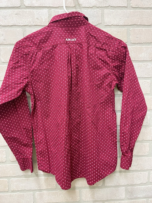Ariat Boys Button down long sleeve shirt Sz M 10-12 Red casual shirt stretch