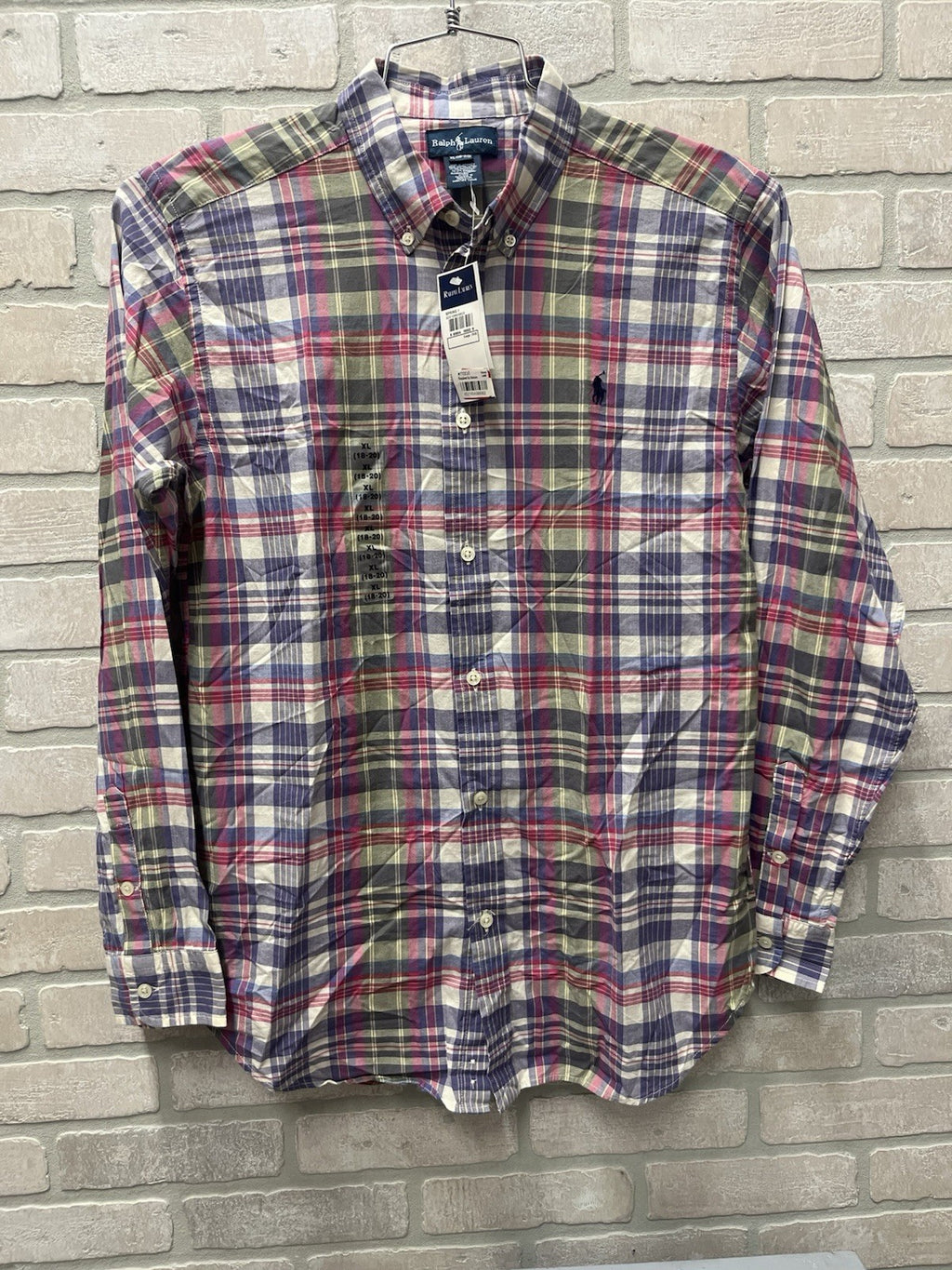 Ralph Lauren boys button down long sleeve plaid shirt Sz X L 18/20 NWT