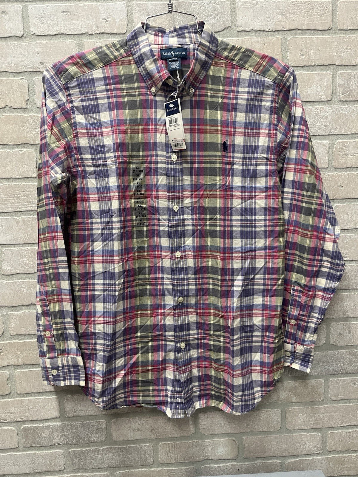 Ralph Lauren boys button down long sleeve plaid shirt Sz X L 18/20 NWT